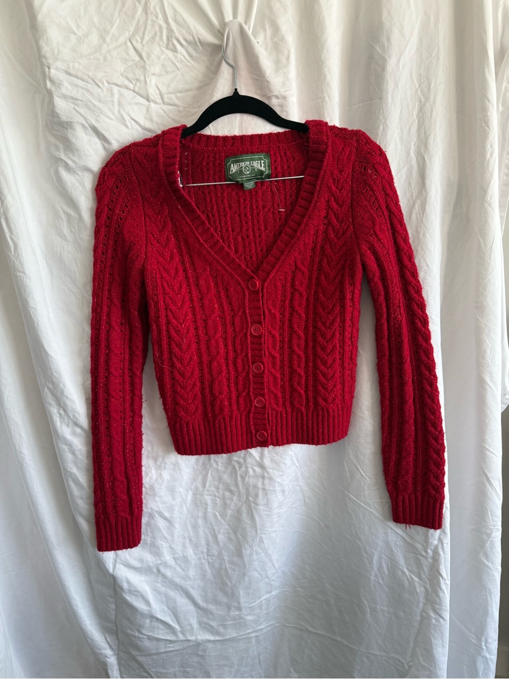 American Eagle Outfitters Red Cable-Knit V-Neck Cardigan